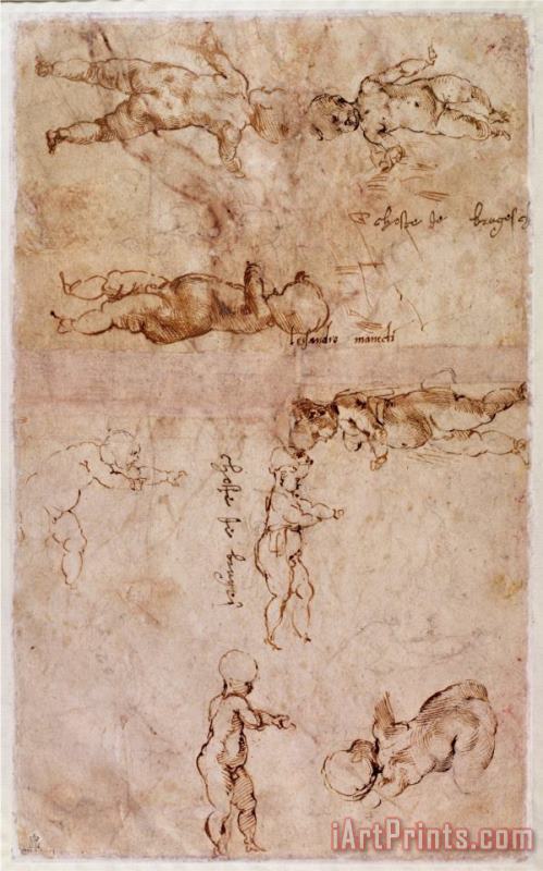 Michelangelo Buonarroti W 4v Page of Sketches of Babies Or Cherubs Art Print