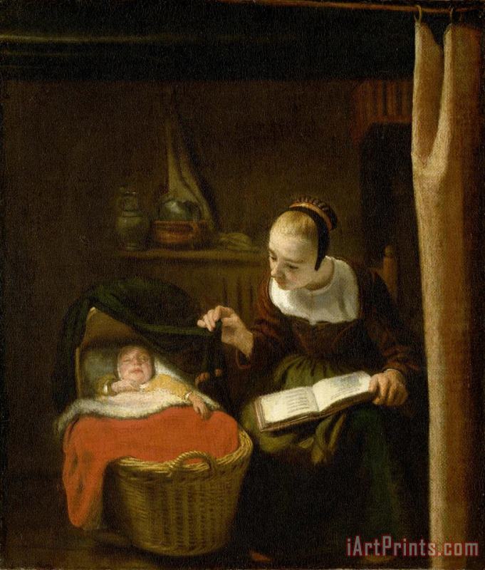 Young Woman at a Cradle painting - Nicolaes Maes Young Woman at a Cradle Art Print