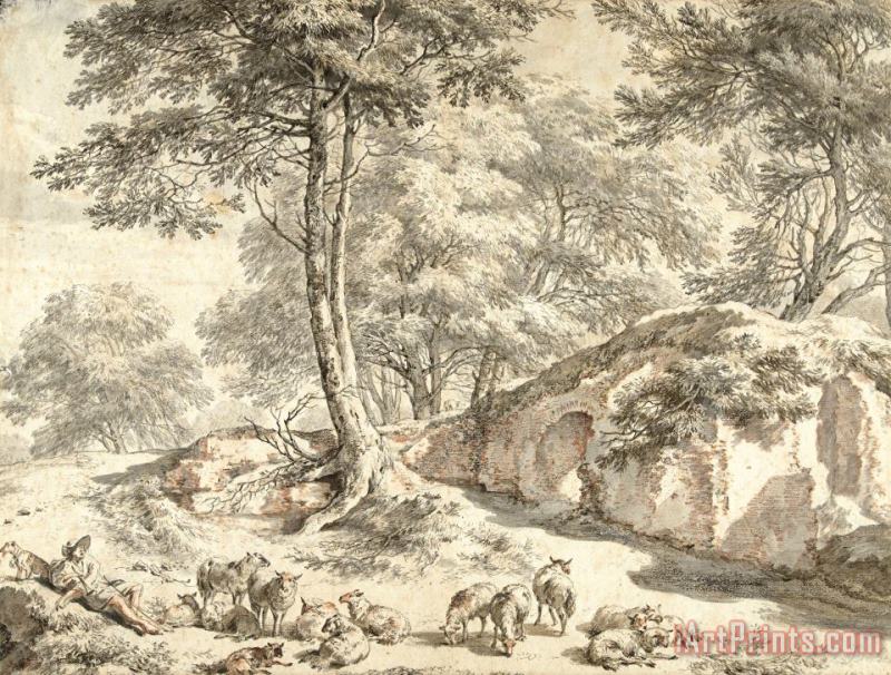 Nicolaes Pietersz Berchem Herder Met Schapen Bij Een Ruine Tussen Bomen Art Print