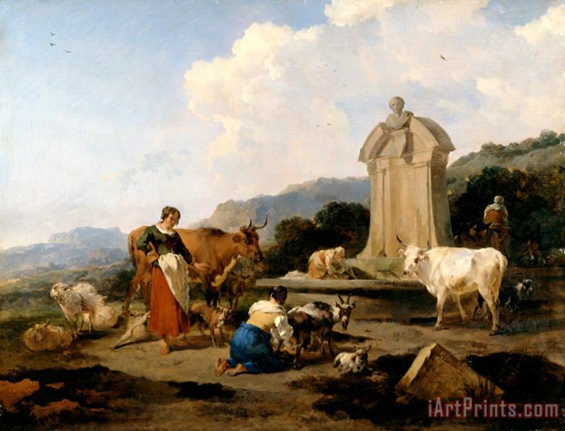 Roman Fountain with Cattle And Figures (le Midi) painting - Nicolaes Pietersz Berchem Roman Fountain with Cattle And Figures (le Midi) Art Print