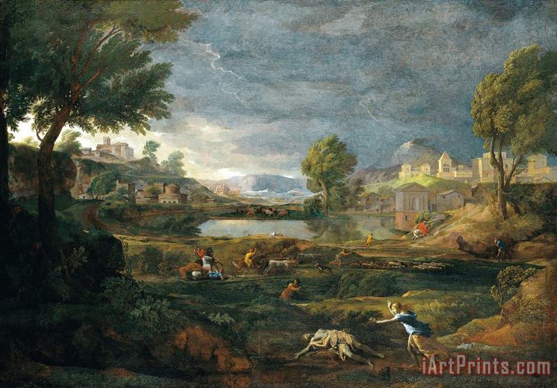 Landscape During a Thunderstorm with Pyramus And Thisbe painting - Nicolas Poussin Landscape During a Thunderstorm with Pyramus And Thisbe Art Print