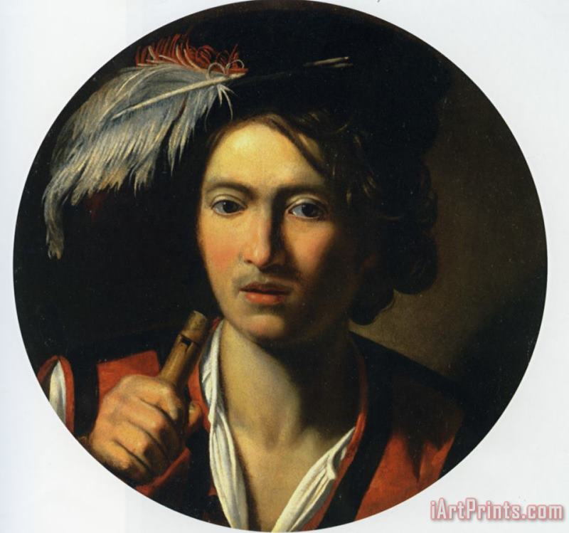 Nicolas Regnier Portrait of a Young Man Bust Length Holding a Flute And Wearing a Feather in His Hat Art Print