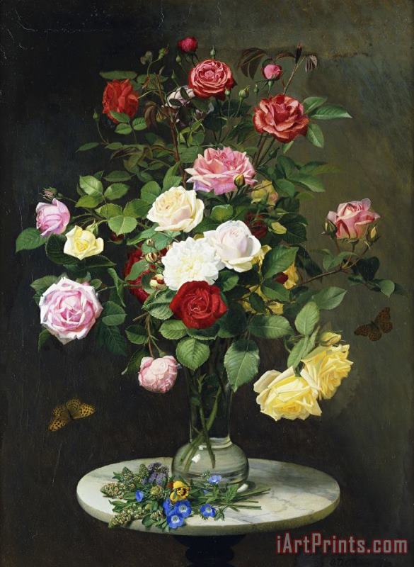 Otto Didrik Ottesen A Bouquet Of Roses In A Glass Vase By Wild Flowers On A Marble Table Art Print