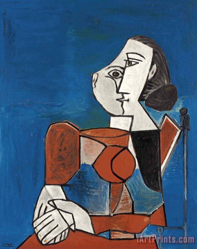 Pablo Picasso Femme Assise En Costume Rouge Sur Fond Bleu Art Print