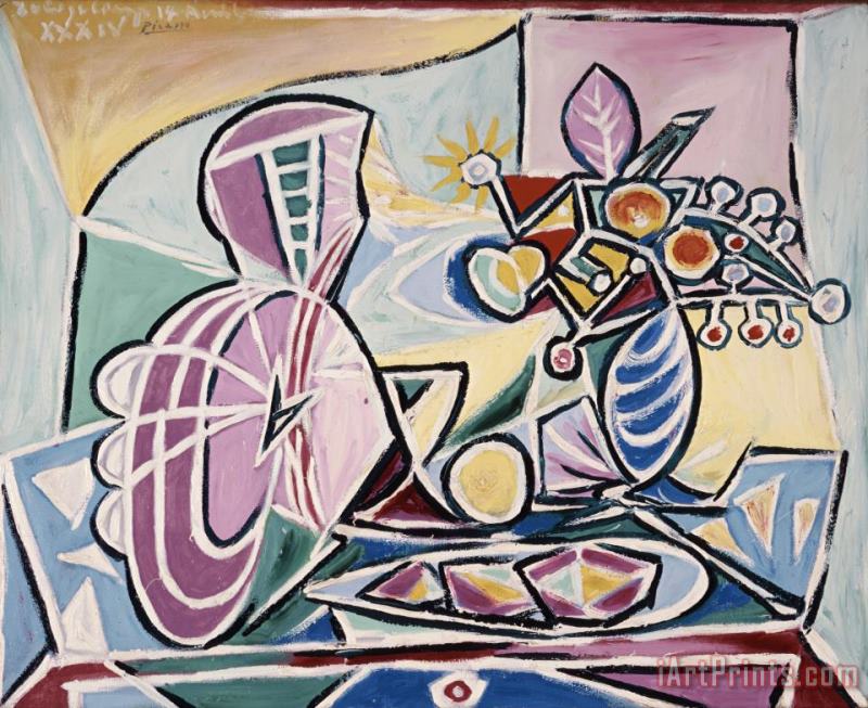 Pablo Picasso Mandolin And Vase of Flowers Art Print