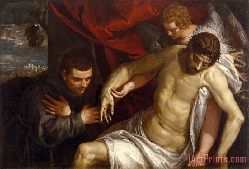 The Dead Christ Supported by an Angel And Adored by a Franciscan painting - Paolo Caliari Veronese The Dead Christ Supported by an Angel And Adored by a Franciscan Art Print