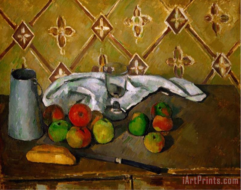 Paul Cezanne Fruits Napkin And Milk Jar Art Painting