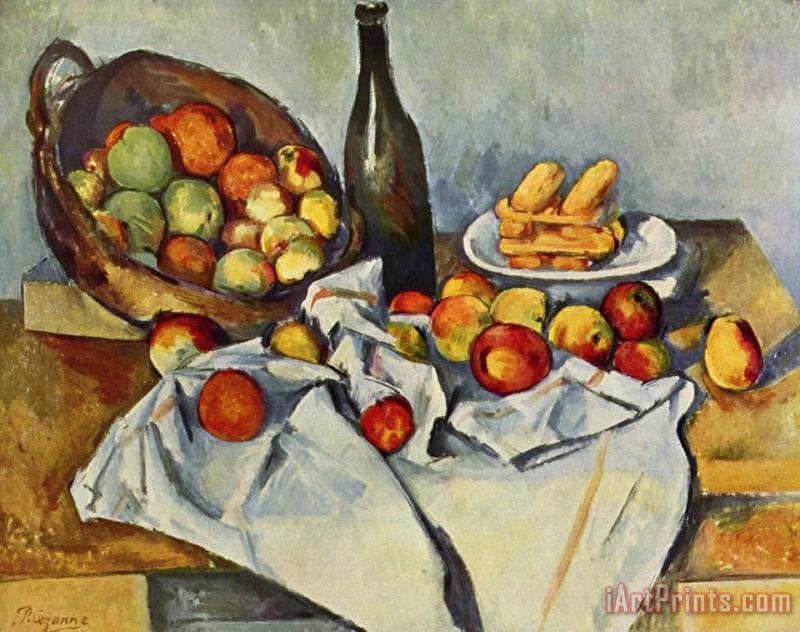 Paul Cezanne Still Life With Bottle And Apple Basket Art Print