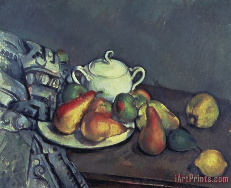 Still Life with Sugar Can Pears And Tablecloth painting - Paul Cezanne Still Life with Sugar Can Pears And Tablecloth Art Print