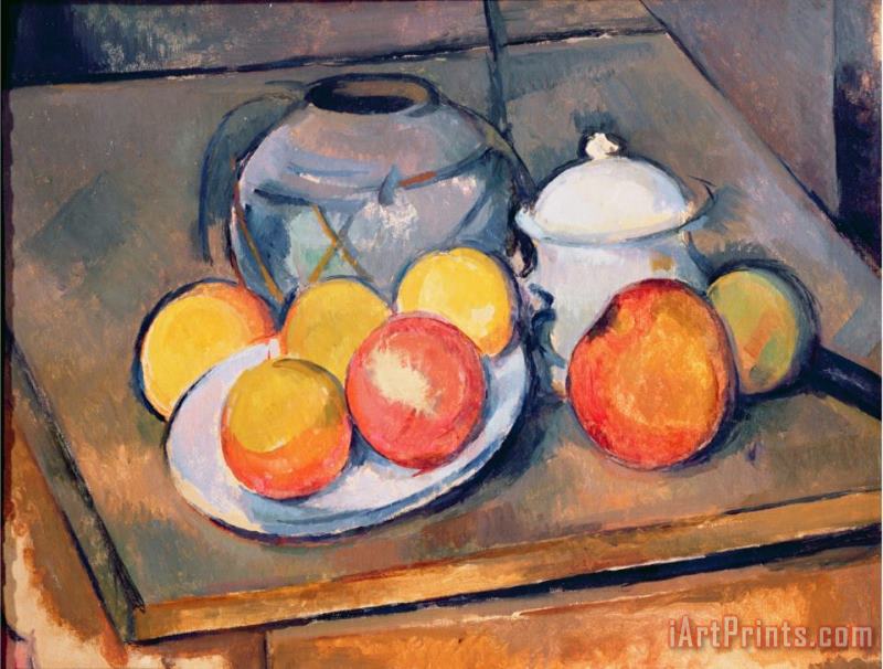 Straw Covered Vase Sugar Bowl And Apples 1890 93 painting - Paul Cezanne Straw Covered Vase Sugar Bowl And Apples 1890 93 Art Print