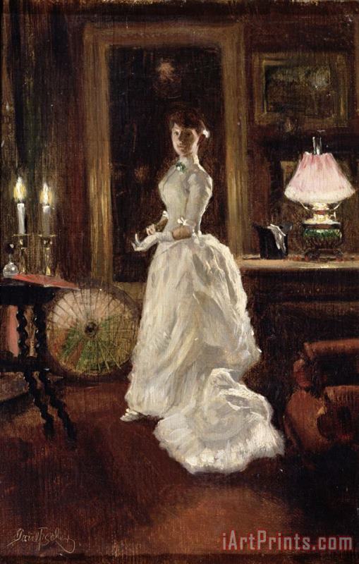  Interior scene with a lady in a white evening dress painting - Paul Fischer  Interior scene with a lady in a white evening dress Art Print