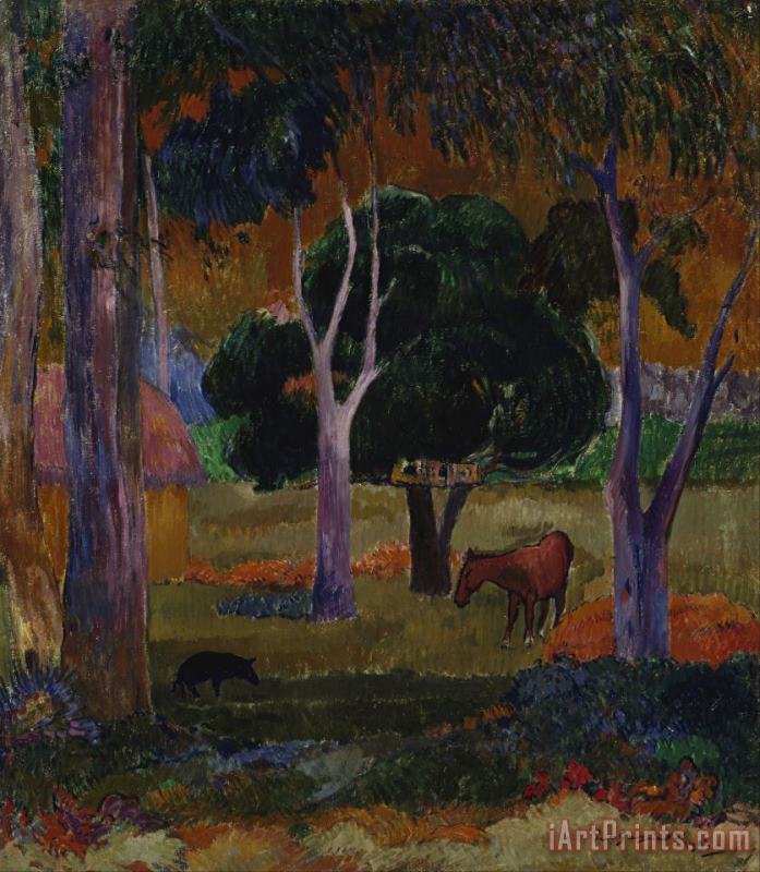 Landscape with a Pig And a Horse (hiva Oa) painting - Paul Gauguin Landscape with a Pig And a Horse (hiva Oa) Art Print