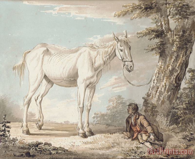 Paul Sandby An Old Grey Horse Tethered To A Tree A Boy Resting Nearby Art Print