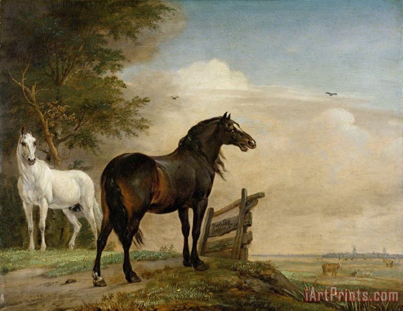 Paulus Potter Two Horses in a Meadow Near a Gate Art Painting