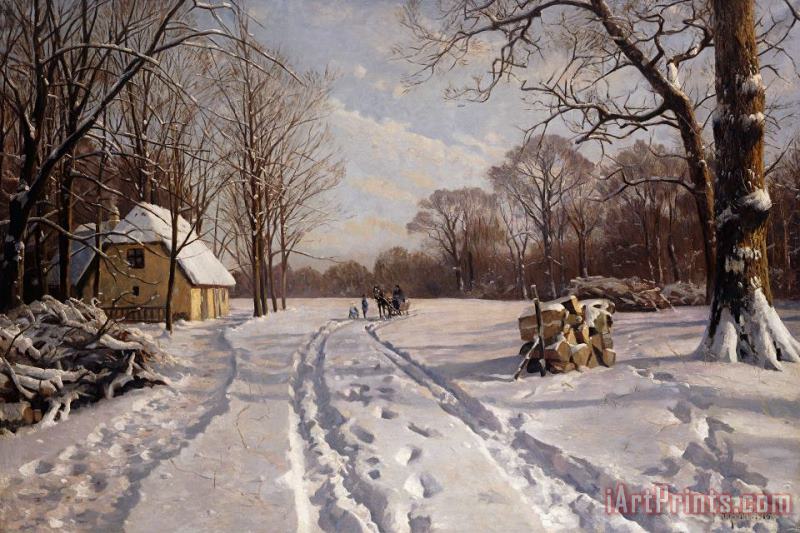 Peder Monsted A Sleigh Ride Through A Winter Landscape Art Print