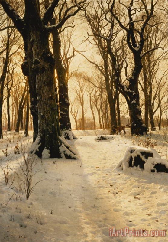 Peder Monsted A Wooded Winter Landscape With Deer Art Painting