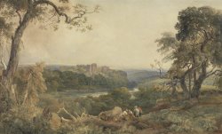 Peter de Wint Castle above a River - Woodcutters in the Foreground painting