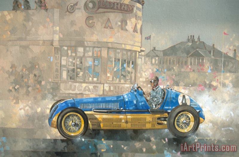Blue and Yellow Maserati of Bira painting - Peter Miller Blue and Yellow Maserati of Bira Art Print