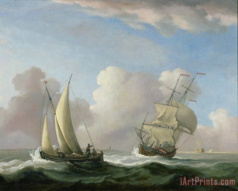 A Man-o'-War in a Swell and a Sailing Boat painting - Peter Monamy A Man-o'-War in a Swell and a Sailing Boat Art Print