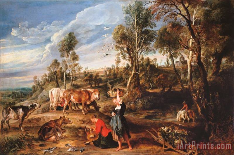 Milkmaids with Cattle in a Landscape, 'the Farm at Laken' painting - Peter Paul Rubens Milkmaids with Cattle in a Landscape, 'the Farm at Laken' Art Print