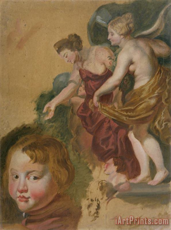 Peter Paul Rubens Studieblad Met Maria Dei Medici's Gelukkige Regering, Een Jongenskopje En Twee Manskoppen. Art Print