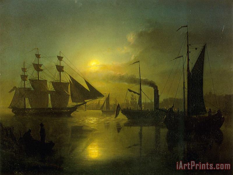 The Moonlit Harbour painting - Petrus Van Schendel The Moonlit Harbour Art Print