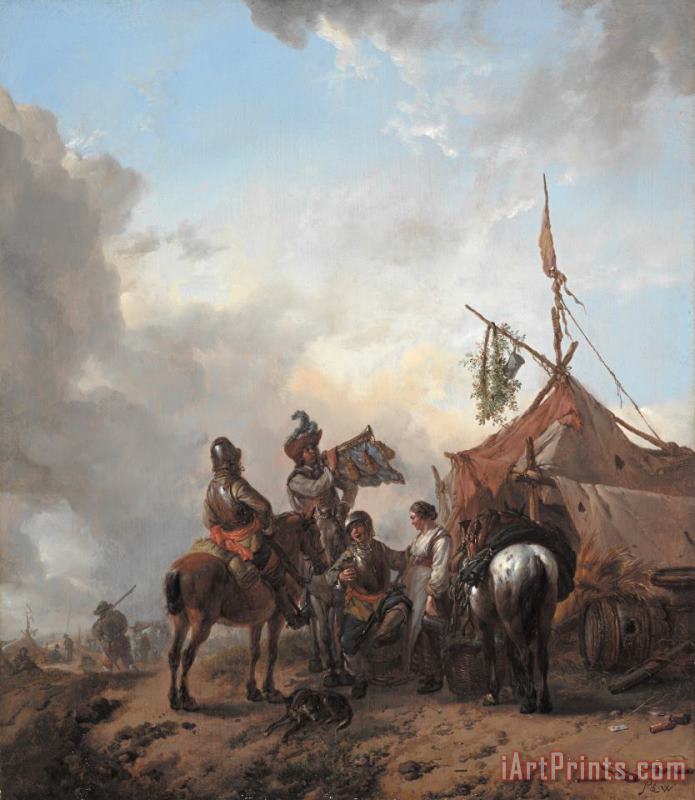 Soldiers carousing with a serving woman outside a tent painting - Philips Wouwerman Soldiers carousing with a serving woman outside a tent Art Print