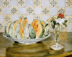 Pierre Auguste Renoir Still Life Of A Melon And A Vase Of Flowers painting