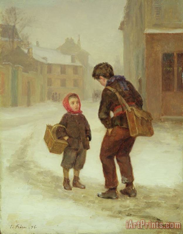 Pierre Edouard Frere On the way to school in the snow Art Print