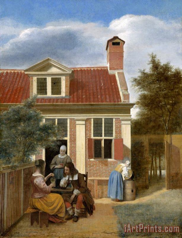 Pieter de Hooch Three Women And a Man in a Yard Behind a House Art Print