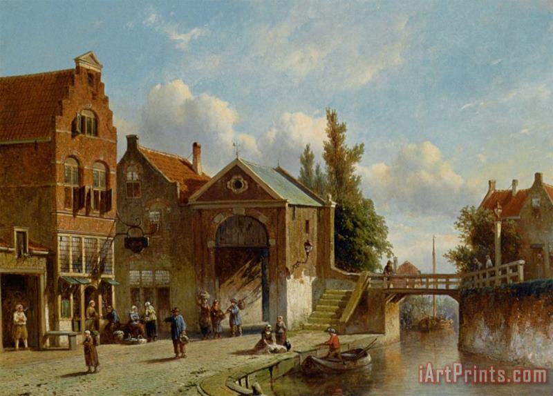 Pieter Gerard Vertin Figures in The Quay of a Dutch Town Art Painting
