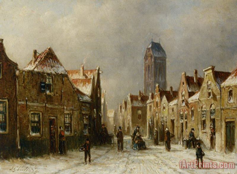 Pieter Gerard Vertin Figures in The Streets of a Snow Covered Dutch Town Art Painting