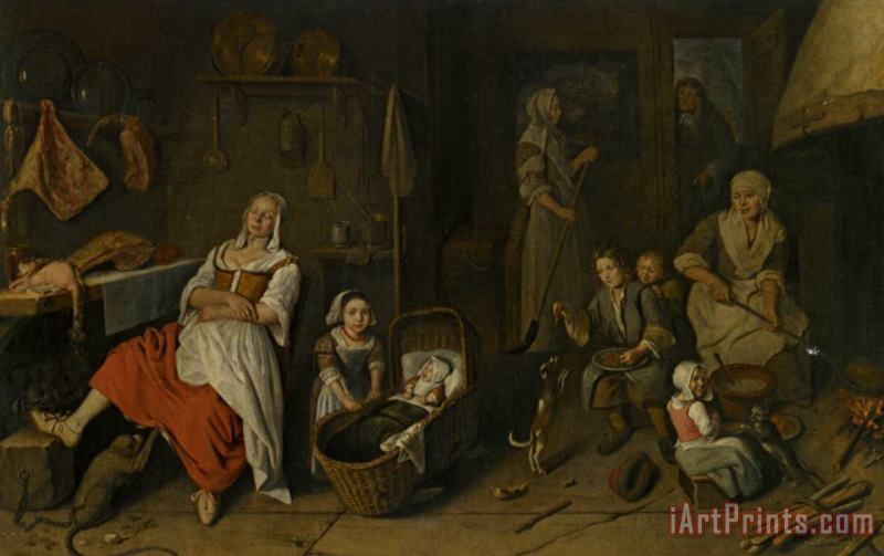 Pieter Gerritsz. Van Roestraeten A Kitchen Interior with a Woman Cooking at The Hearth Children Playing And a Woman Resting by The Butchers Table Art Painting