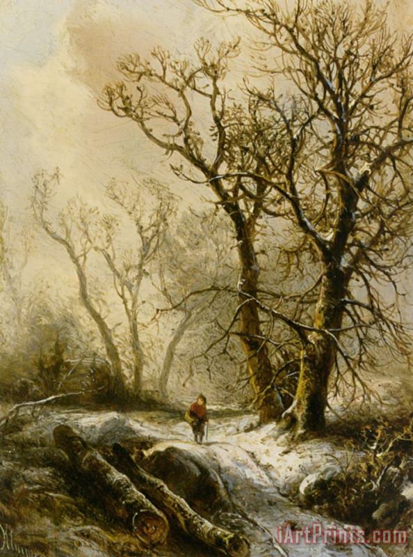 Pieter Lodewijk Francisco Kluyver A Figure in a Snowy Forest Landscape Art Painting