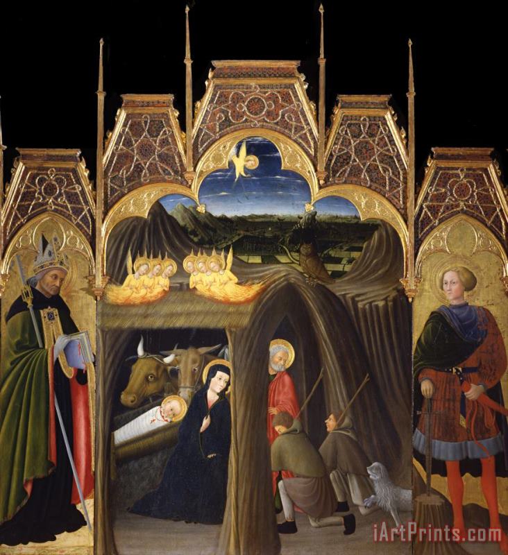 Adoration of The Shepherds Between Saints Augustin And Galgano painting - Pietro di Giovanni d'Ambrogio Adoration of The Shepherds Between Saints Augustin And Galgano Art Print