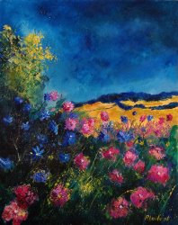 Pol Ledent Blue and pink flowers painting