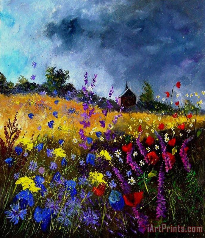 Old chapel and flowers painting - Pol Ledent Old chapel and flowers Art Print