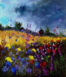 Pol Ledent Old chapel and flowers painting