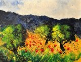 Olive trees and poppies by Pol Ledent