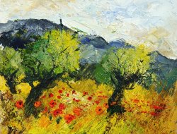 Pol Ledent Olive trees and poppies