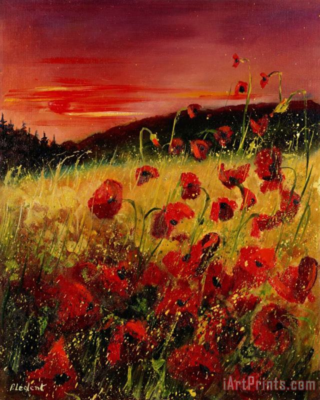 Red poppies and sunset painting - Pol Ledent Red poppies and sunset Art Print
