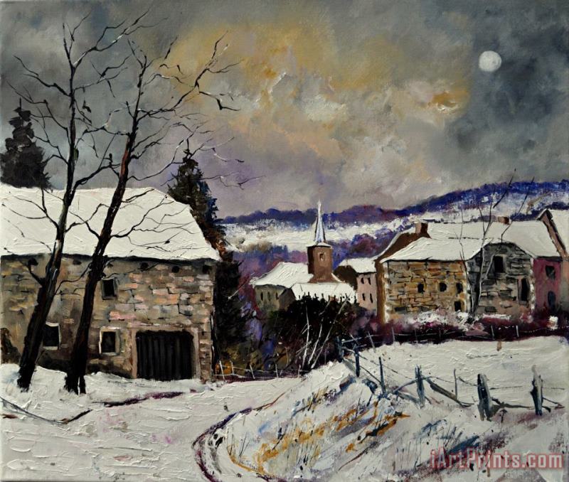 Snow in Gendron painting - Pol Ledent Snow in Gendron Art Print