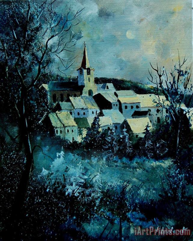 Village in winter painting - Pol Ledent Village in winter Art Print