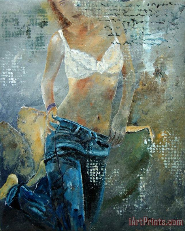 Young girl in jeans painting - Pol Ledent Young girl in jeans Art Print