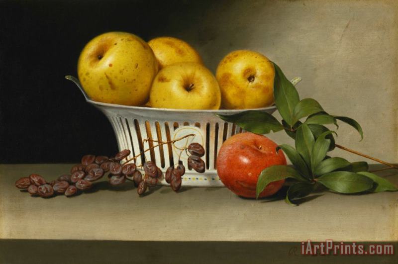 Still Life with Raisins, Yellow And Red Apples in Porcelain Basket painting - Raphaelle Peale Still Life with Raisins, Yellow And Red Apples in Porcelain Basket Art Print