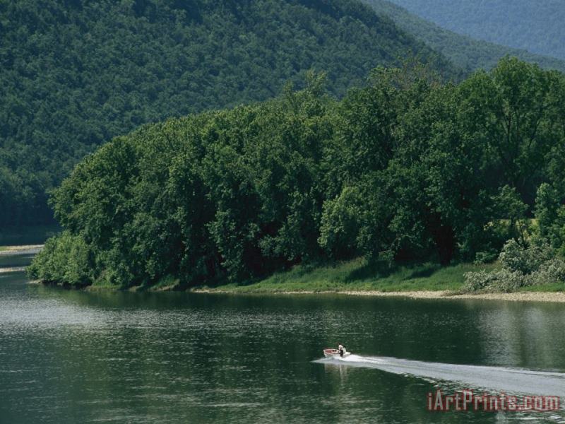 Raymond Gehman A Small Motorboat on The Susquehanna River Near The Endless Mountains Art Print