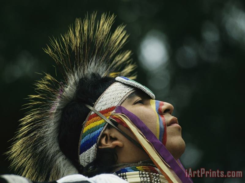 A Stoney Indian Brave Wears Ceremonial Headgear During a Festival painting - Raymond Gehman A Stoney Indian Brave Wears Ceremonial Headgear During a Festival Art Print