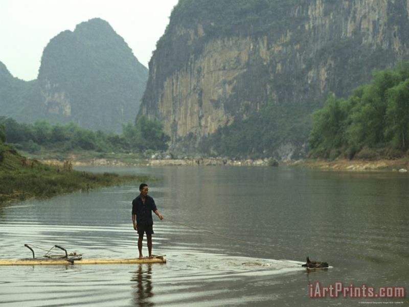 A Water Buffalo Pulls a Farmer on Bamboo Raft Across Mingjiang River painting - Raymond Gehman A Water Buffalo Pulls a Farmer on Bamboo Raft Across Mingjiang River Art Print