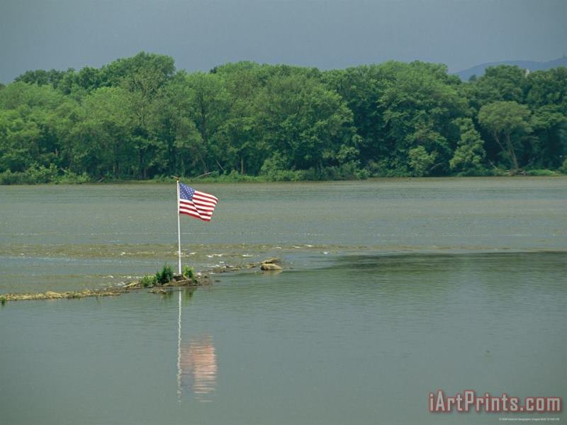 An American Flag Marks a Rock Outcrop Near a Ferry Crossing painting - Raymond Gehman An American Flag Marks a Rock Outcrop Near a Ferry Crossing Art Print