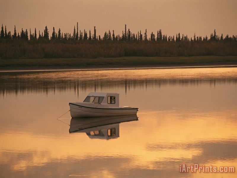 Raymond Gehman An Anchored Boat Floats on The Mackenzie River at Sunset Art Painting